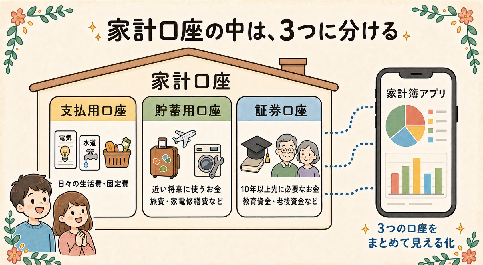 家計口座の中は3つに分ける:支払用・貯蓄用・証券口座、それぞれ家計簿アプリでまとめて見える化