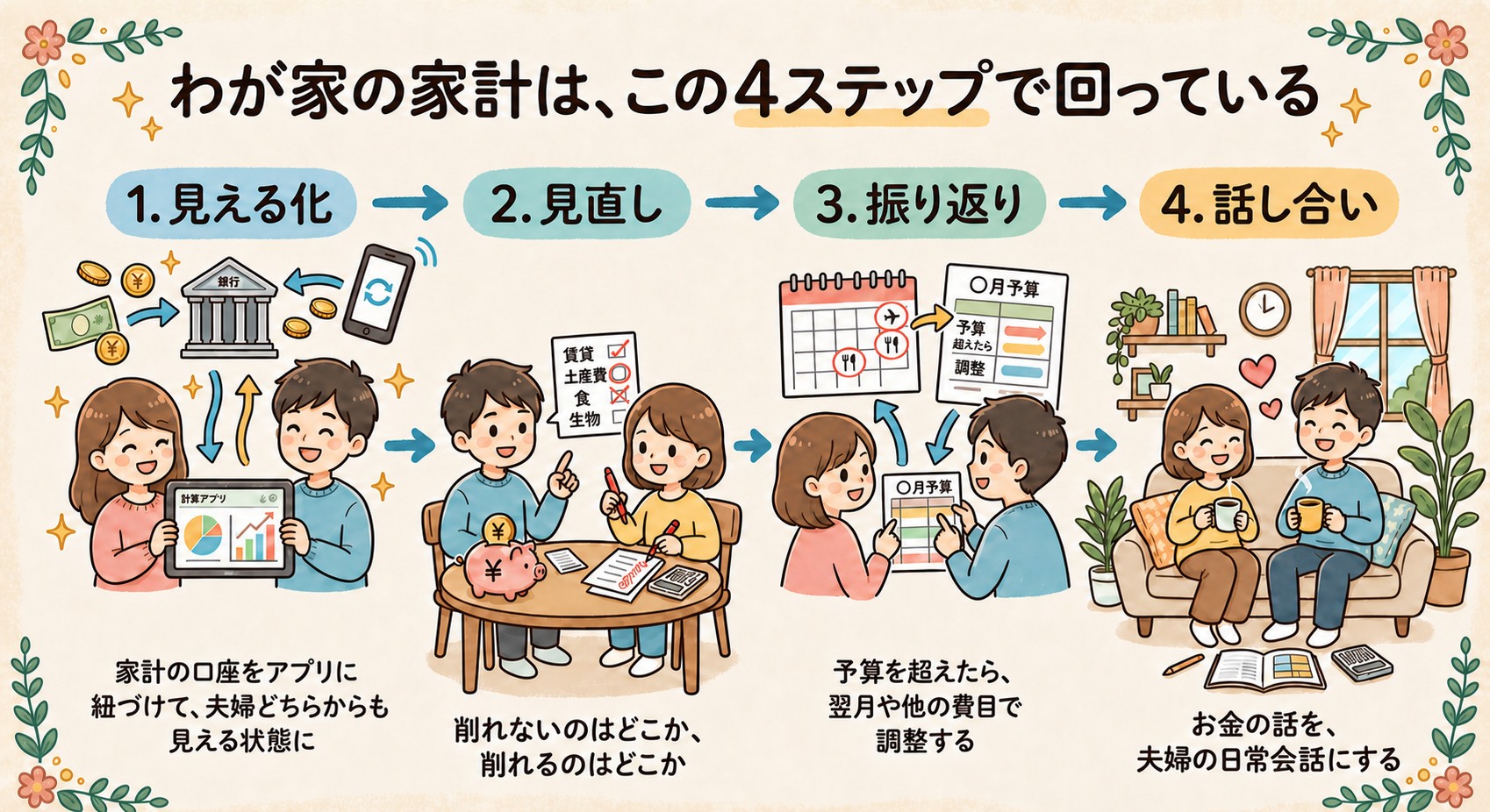 わが家の家計を回す4ステップ:見える化→見直し→振り返り→話し合い