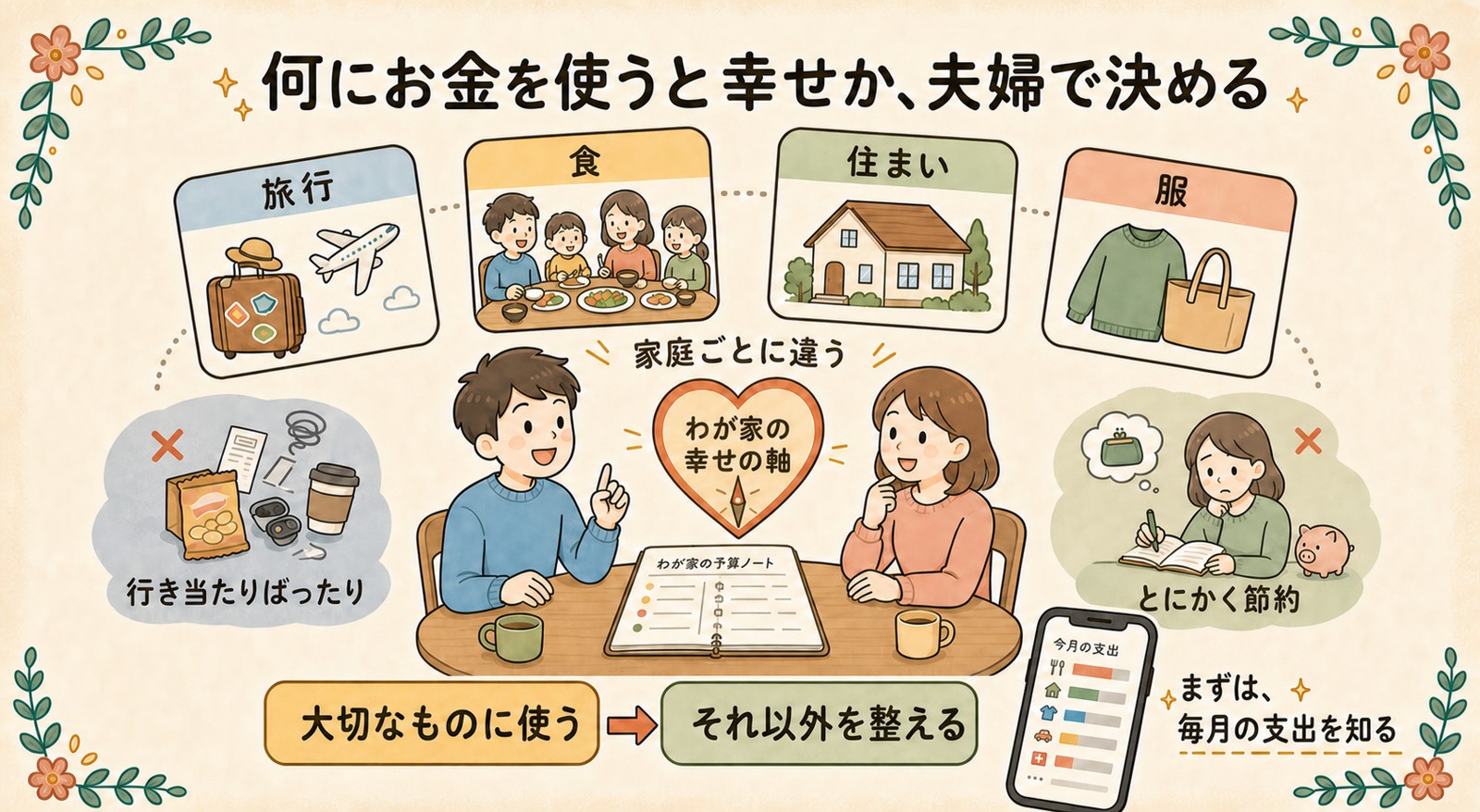 何にお金を使うと幸せか、夫婦で決める。旅行・食・住まい・服など家庭ごとに軸は違う。行き当たりばったりでも、とにかく節約でもなく、大切なものに使ってそれ以外を整える